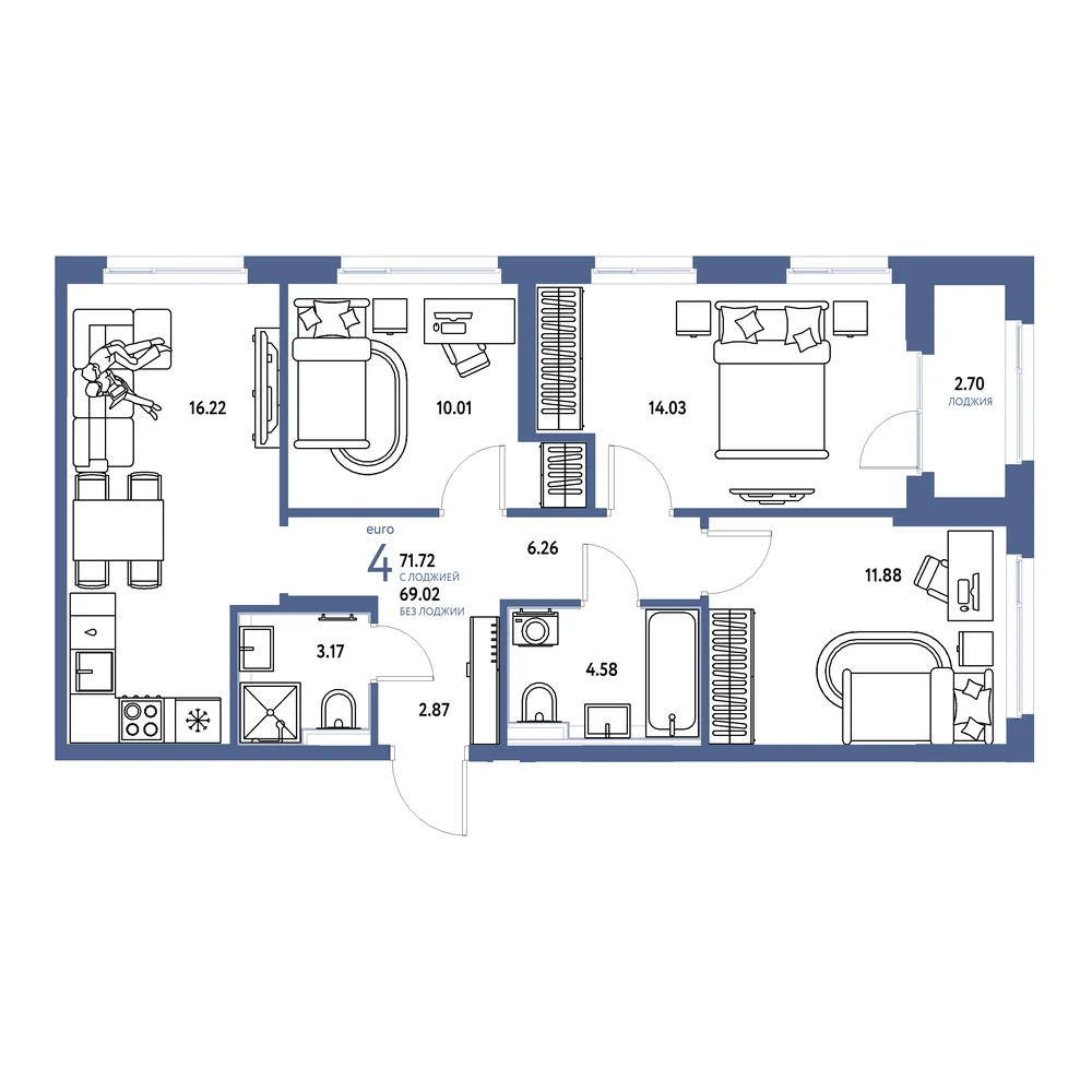 Планировка: Сердце Сибири 4-комнатная 71,72м²