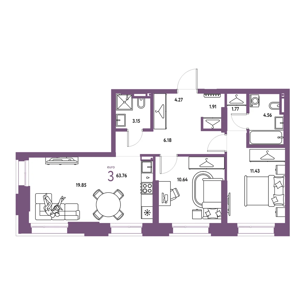 Планировка: Страна.Прибрежная 3-комнатная 63,76м²