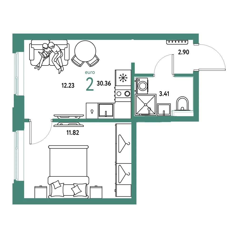 Планировка: Страна.Прибрежная 2-комнатная 30,36м²