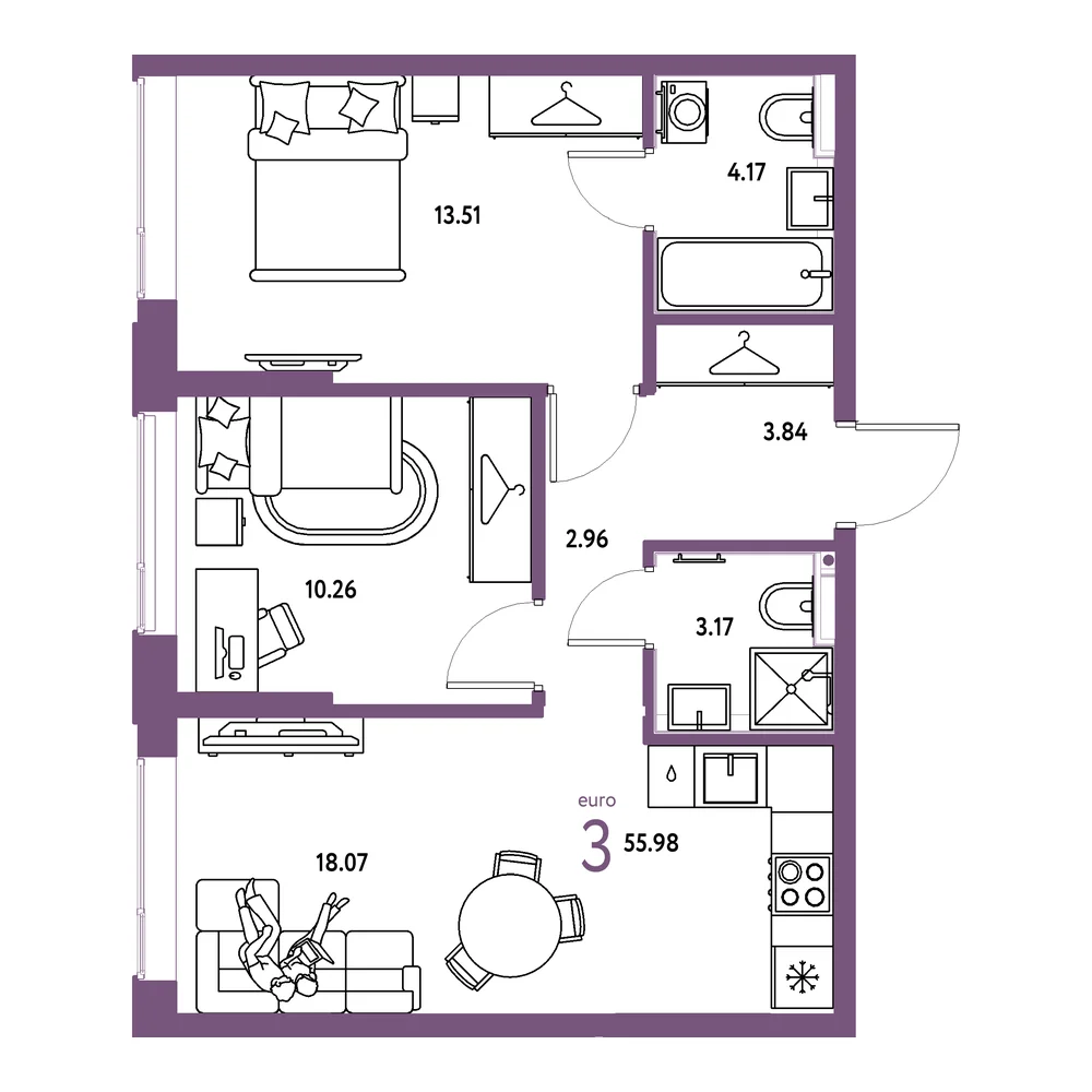 Планировка: Страна.Прибрежная 3-комнатная 55,98м²