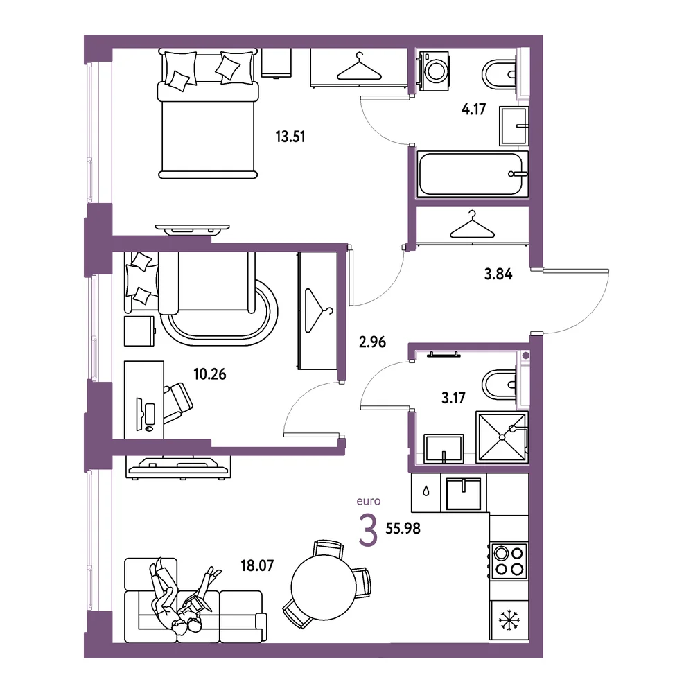 Планировка: Страна.Прибрежная 3-комнатная 55,98м²