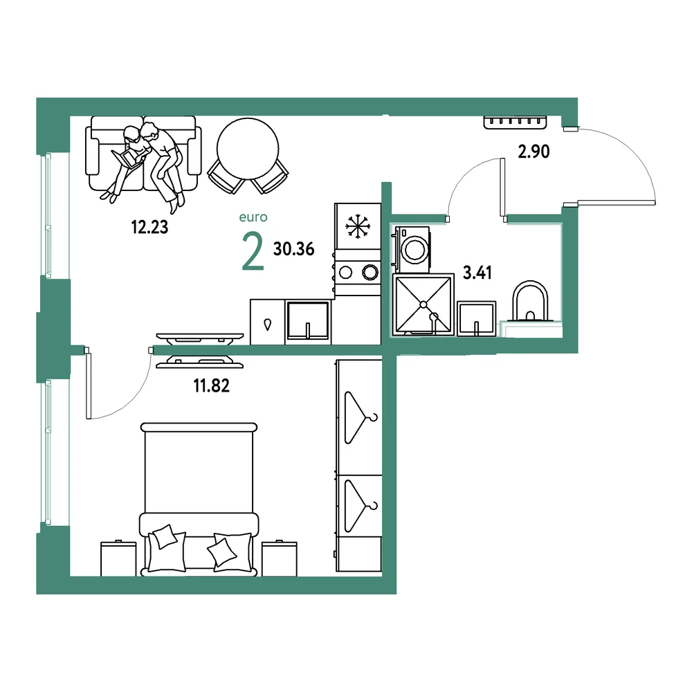 Планировка: Страна.Прибрежная 2-комнатная 30,36м²