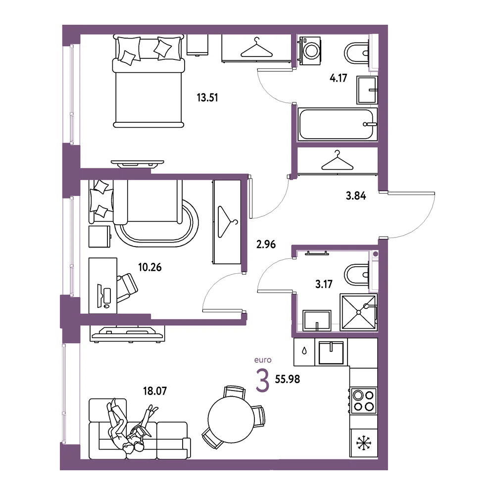 Планировка: Страна.Прибрежная 3-комнатная 55,98м²