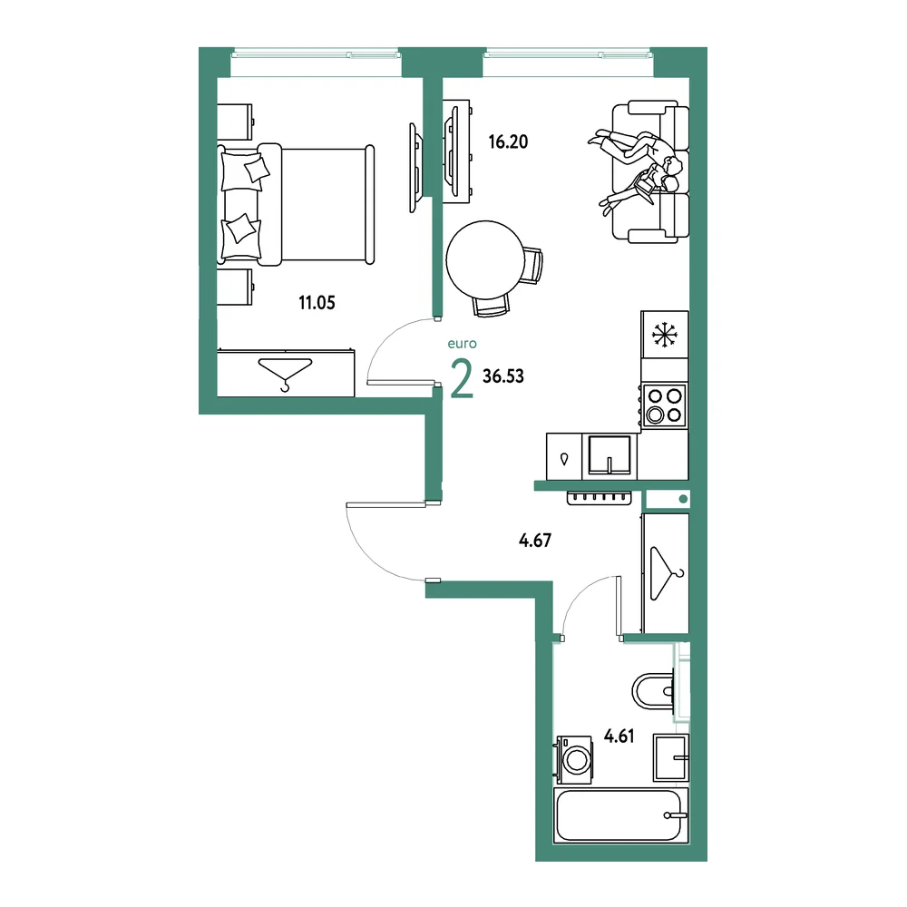 Планировка: Страна.Прибрежная 2-комнатная 36,53м²