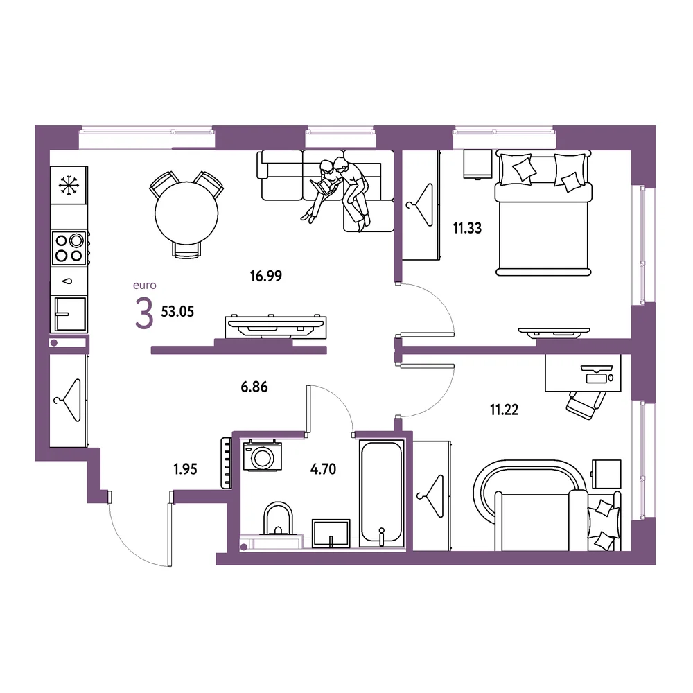 Планировка: Страна.Прибрежная 3-комнатная 53,05м²