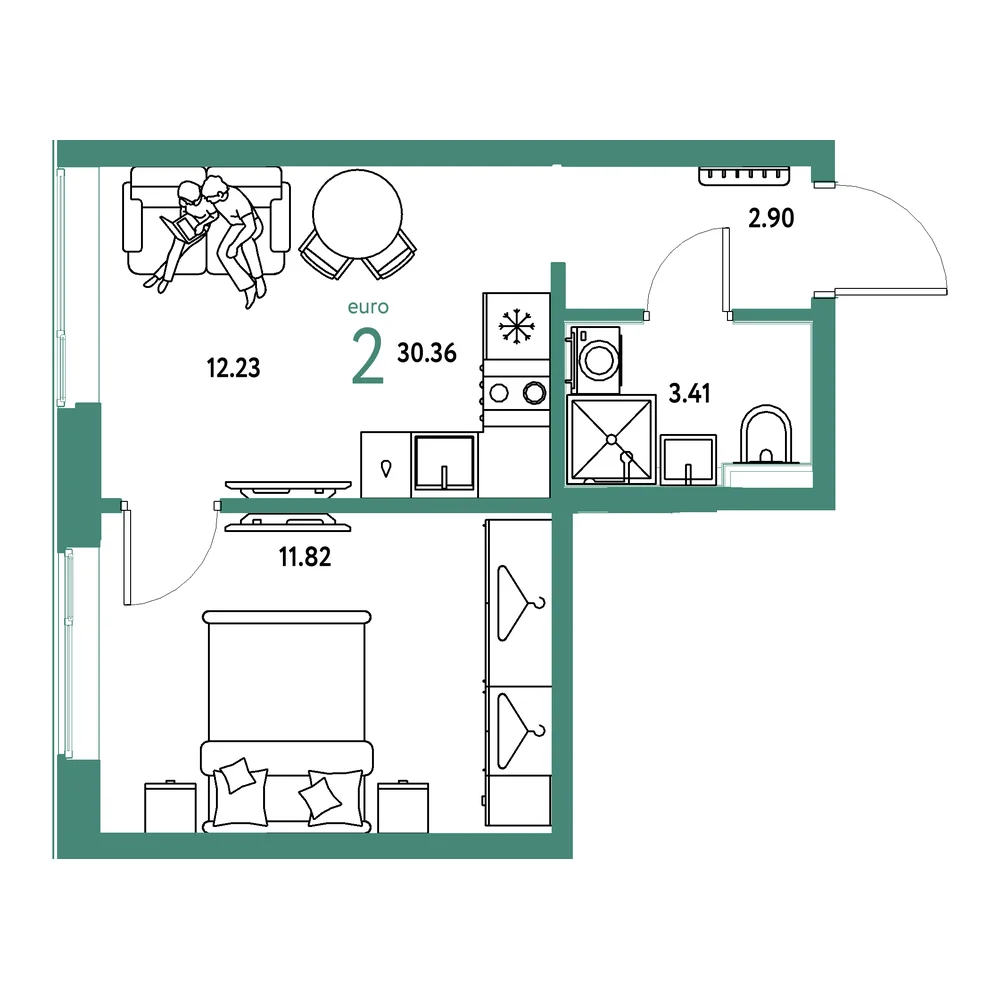 Планировка: Страна.Прибрежная 2-комнатная 30,36м²