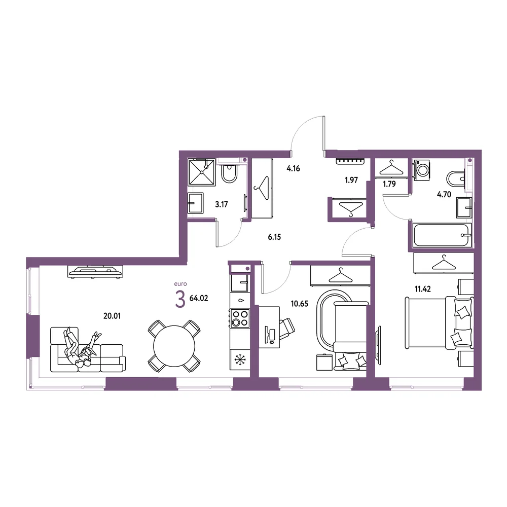 Планировка: Страна.Прибрежная 3-комнатная 64,02м²