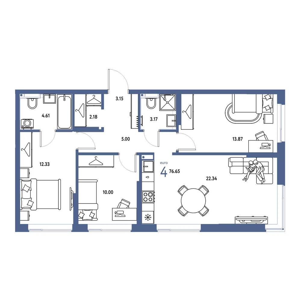 Планировка: Страна.Прибрежная 4-комнатная 76,65м²