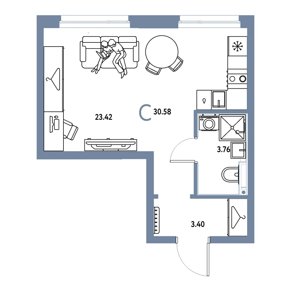Планировка: Страна.Прибрежная Студия 30,58м²