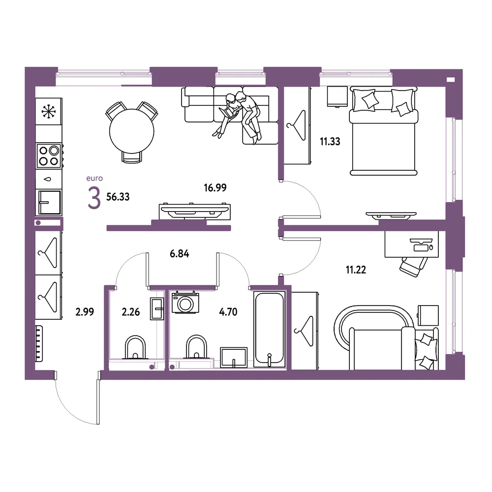 Планировка: Страна.Прибрежная 3-комнатная 56,33м²
