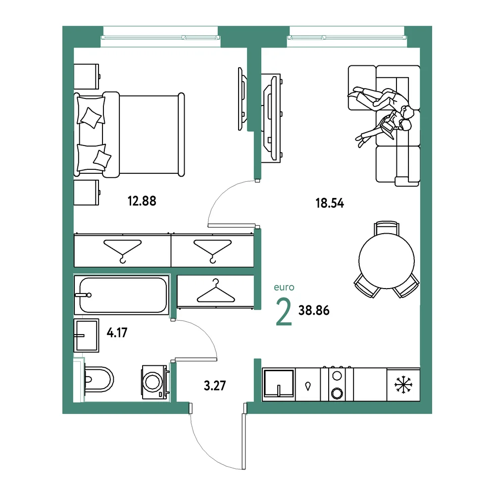Планировка: Страна.Прибрежная 2-комнатная 38,86м²