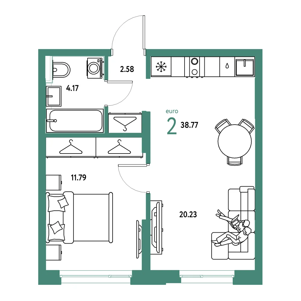 Планировка: Страна.Прибрежная 2-комнатная 38,77м²