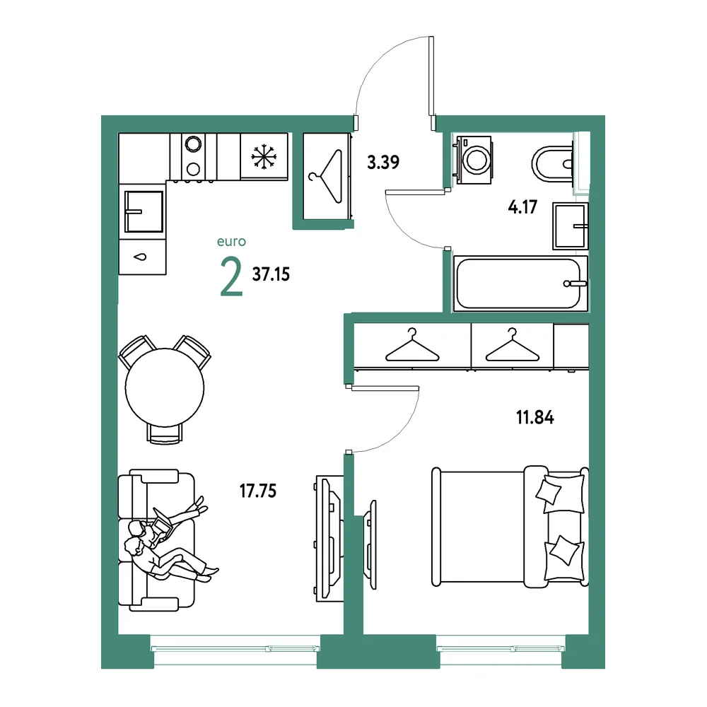 Планировка: Страна.Прибрежная 2-комнатная 37,15м²