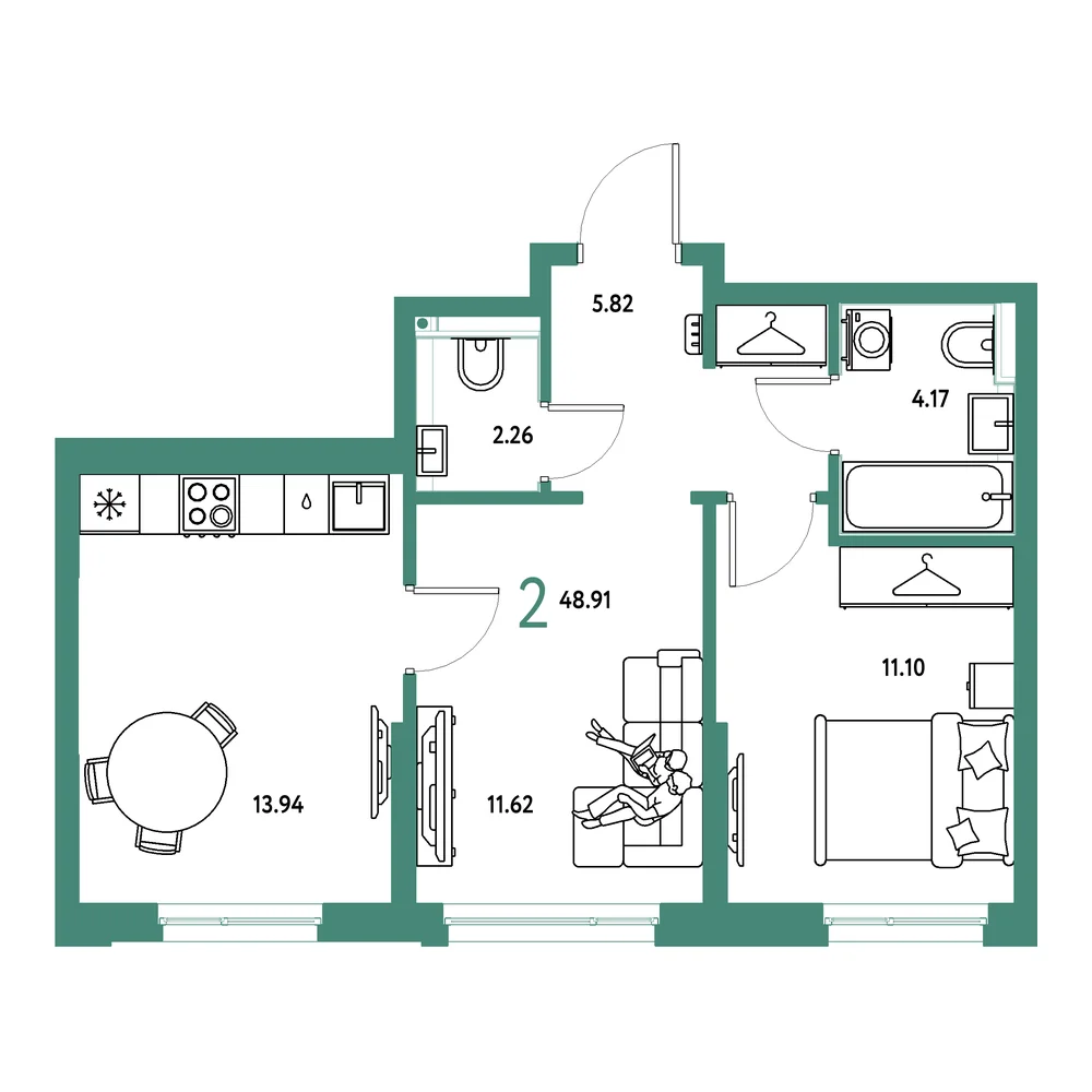 Планировка: Страна.Прибрежная 2-комнатная 48,91м²