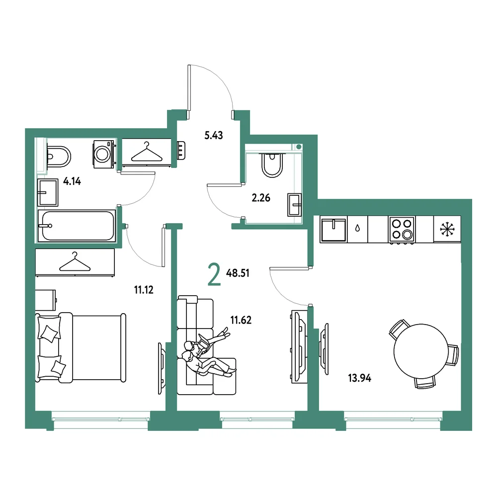 Планировка: Страна.Прибрежная 2-комнатная 48,51м²