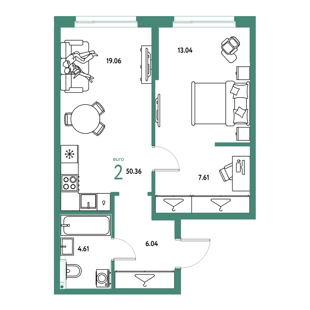 Планировка: Страна.Прибрежная 2-комнатная 50,36м²