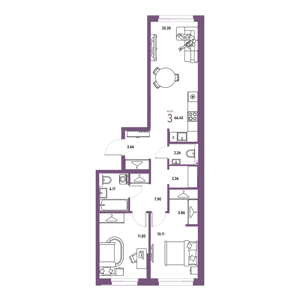 Планировка: Страна.Прибрежная 3-комнатная 66,45м²