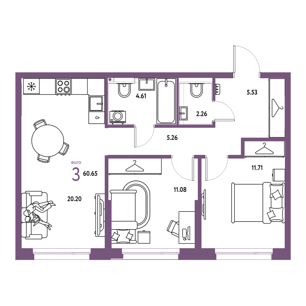 Планировка: Страна.Прибрежная 3-комнатная 60,65м²