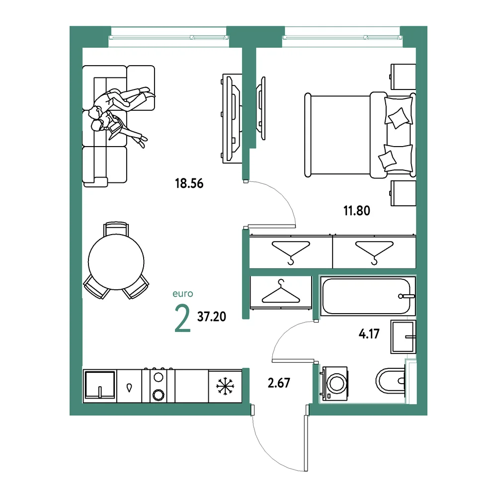 Планировка: Страна.Прибрежная 2-комнатная 37,20м²