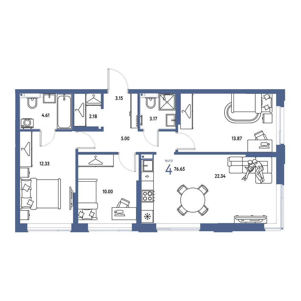 Планировка: Страна.Прибрежная 4-комнатная 76,65м²