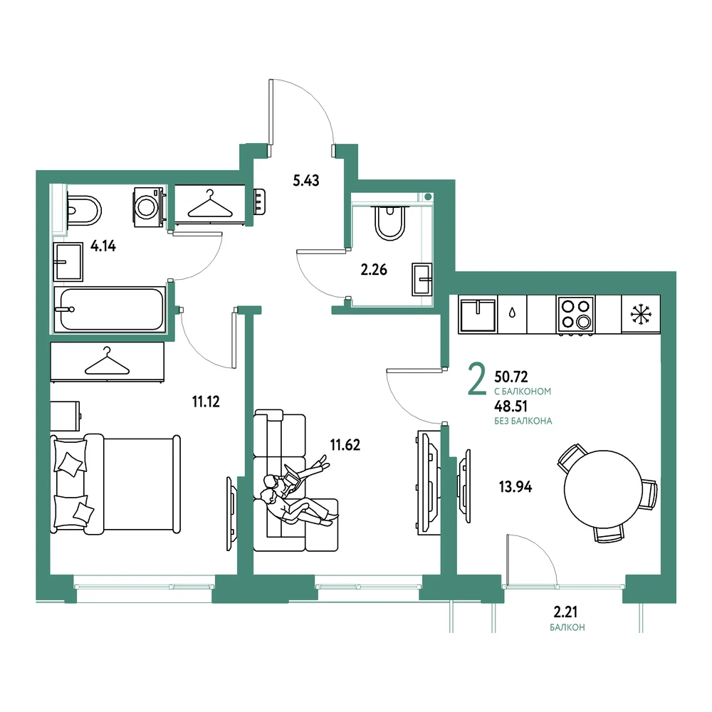 Планировка: Страна.Прибрежная 2-комнатная 50,72м²