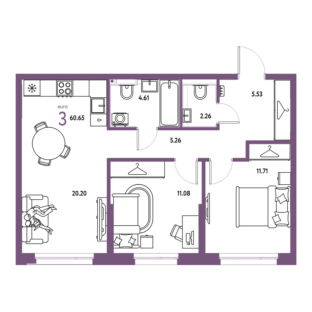 Планировка: Страна.Прибрежная 3-комнатная 60,65м²