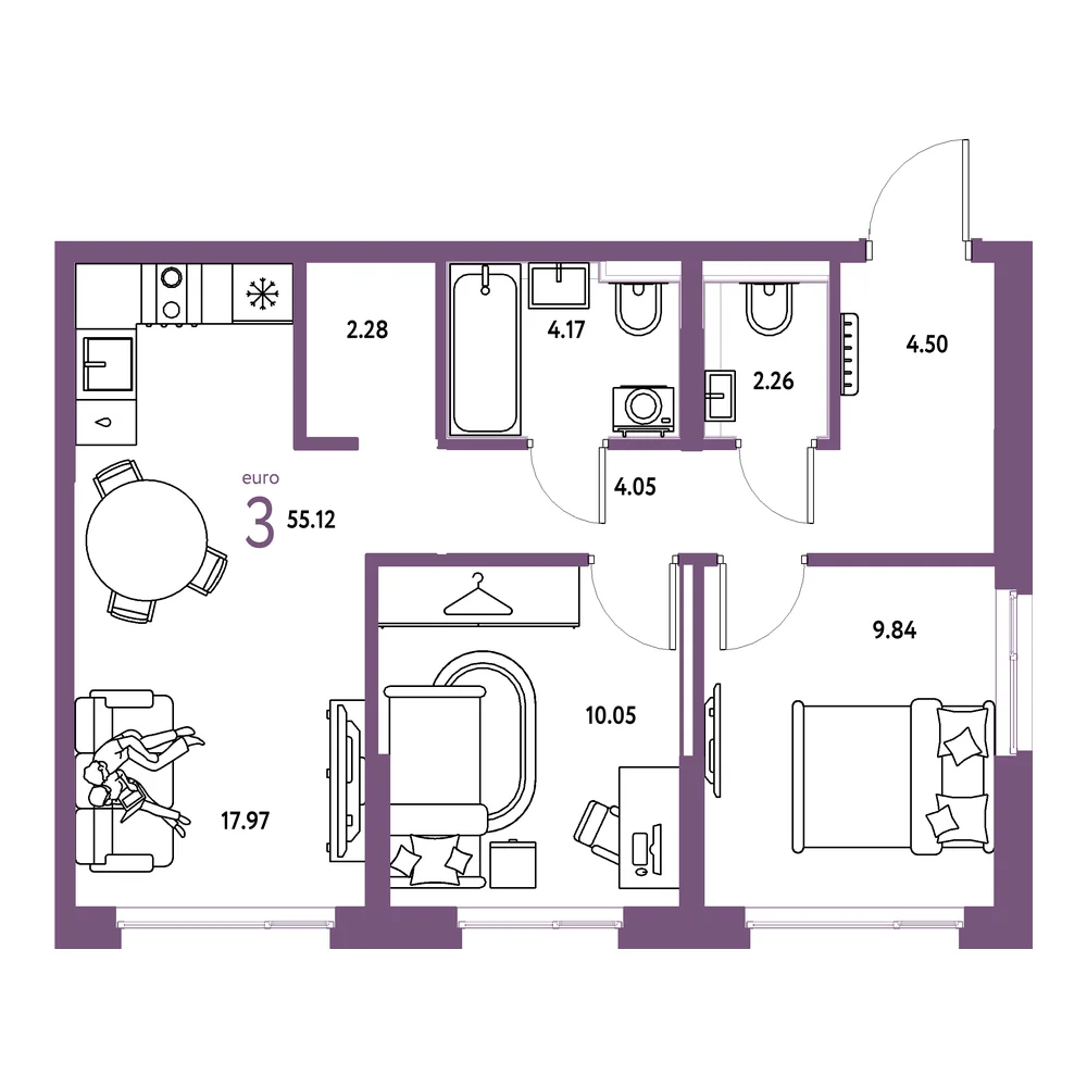 Планировка: Страна.Прибрежная 3-комнатная 55,12м²