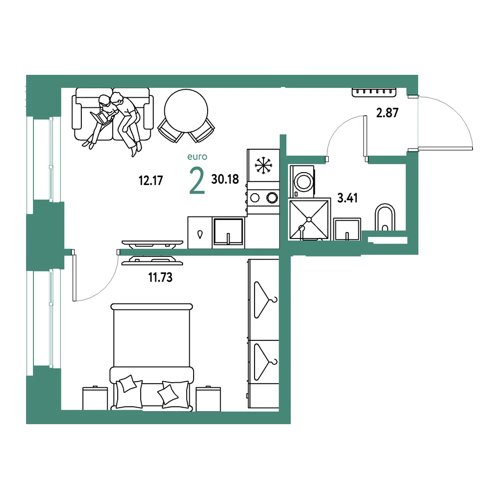 Планировка: Страна.Прибрежная 2-комнатная 30,18м²