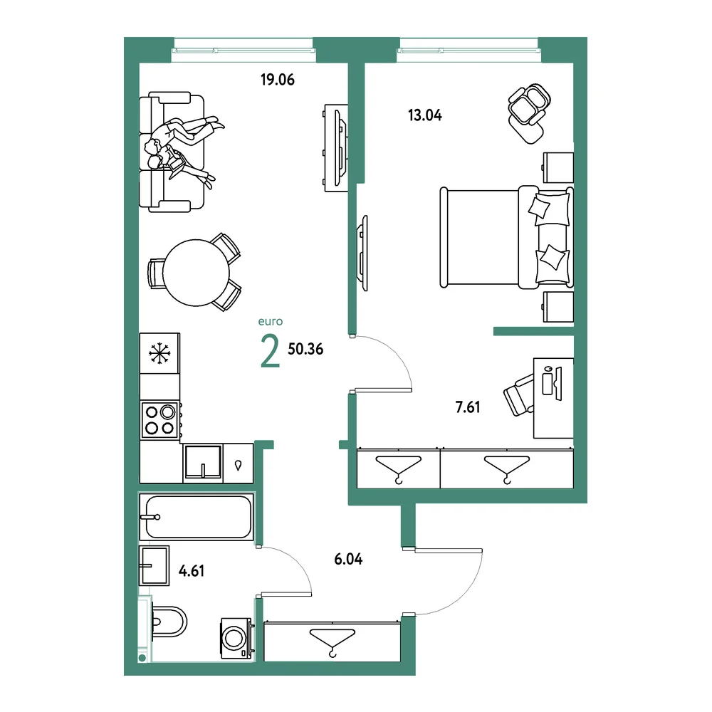 Планировка: Страна.Прибрежная 2-комнатная 50,36м²