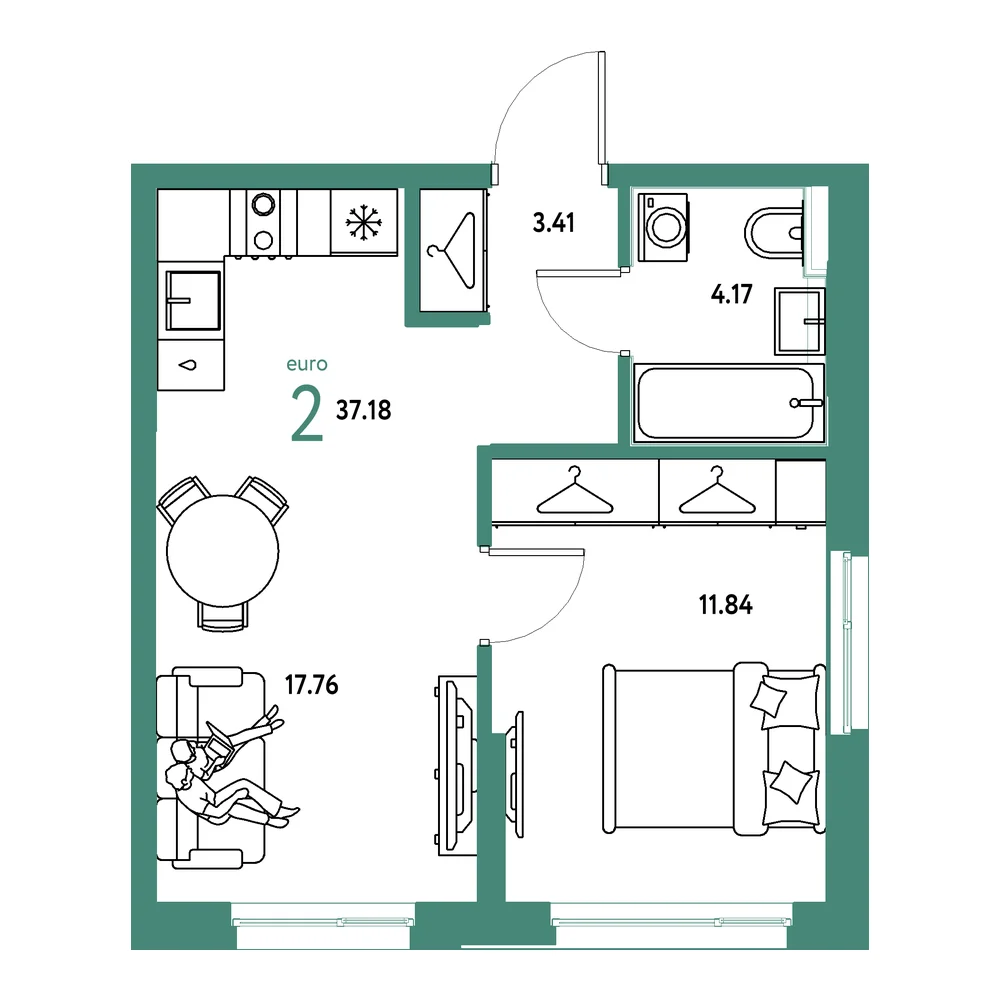 Планировка: Страна.Прибрежная 2-комнатная 37,18м²