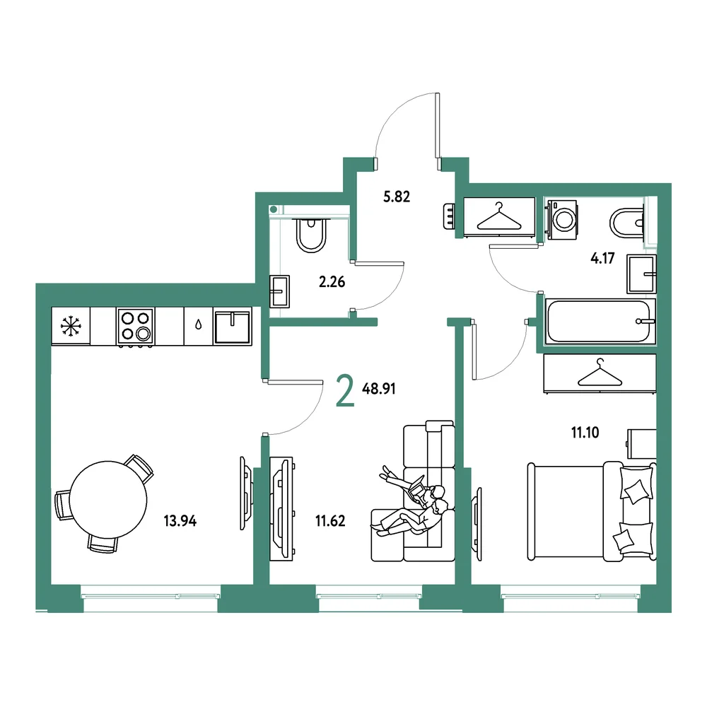 Планировка: Страна.Прибрежная 2-комнатная 48,91м²