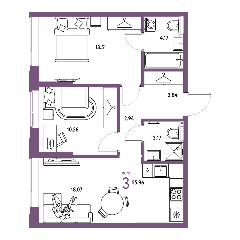 Планировка: Страна.Прибрежная 3-комнатная 55,96м²