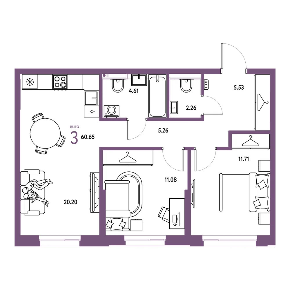 Планировка: Страна.Прибрежная 3-комнатная 60,65м²