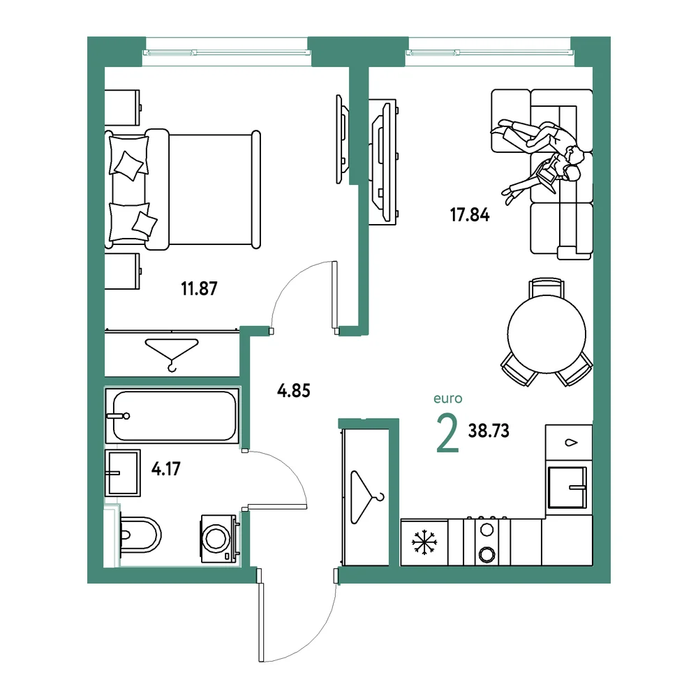 Планировка: Страна.Прибрежная 2-комнатная 38,73м²