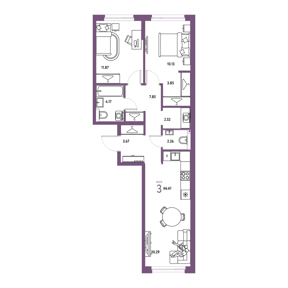 Планировка: Страна.Прибрежная 3-комнатная 66,61м²