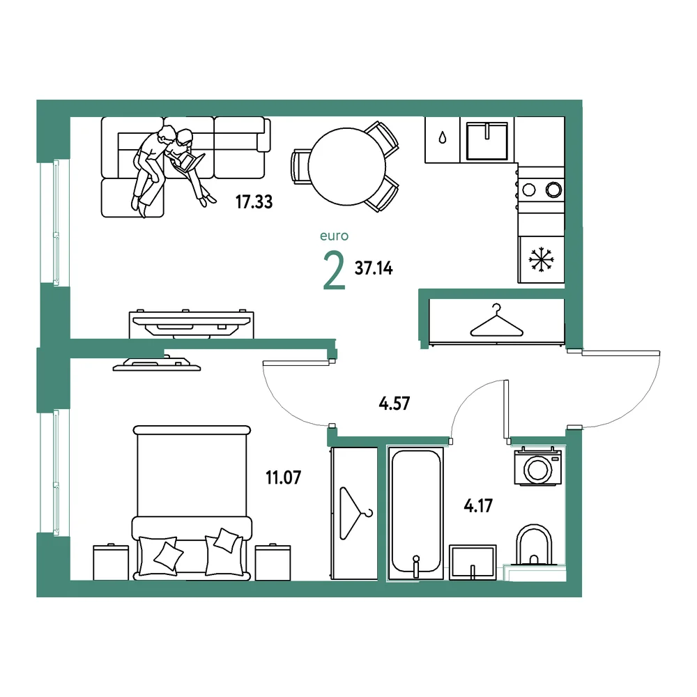 Планировка: Страна.Прибрежная 2-комнатная 37,14м²