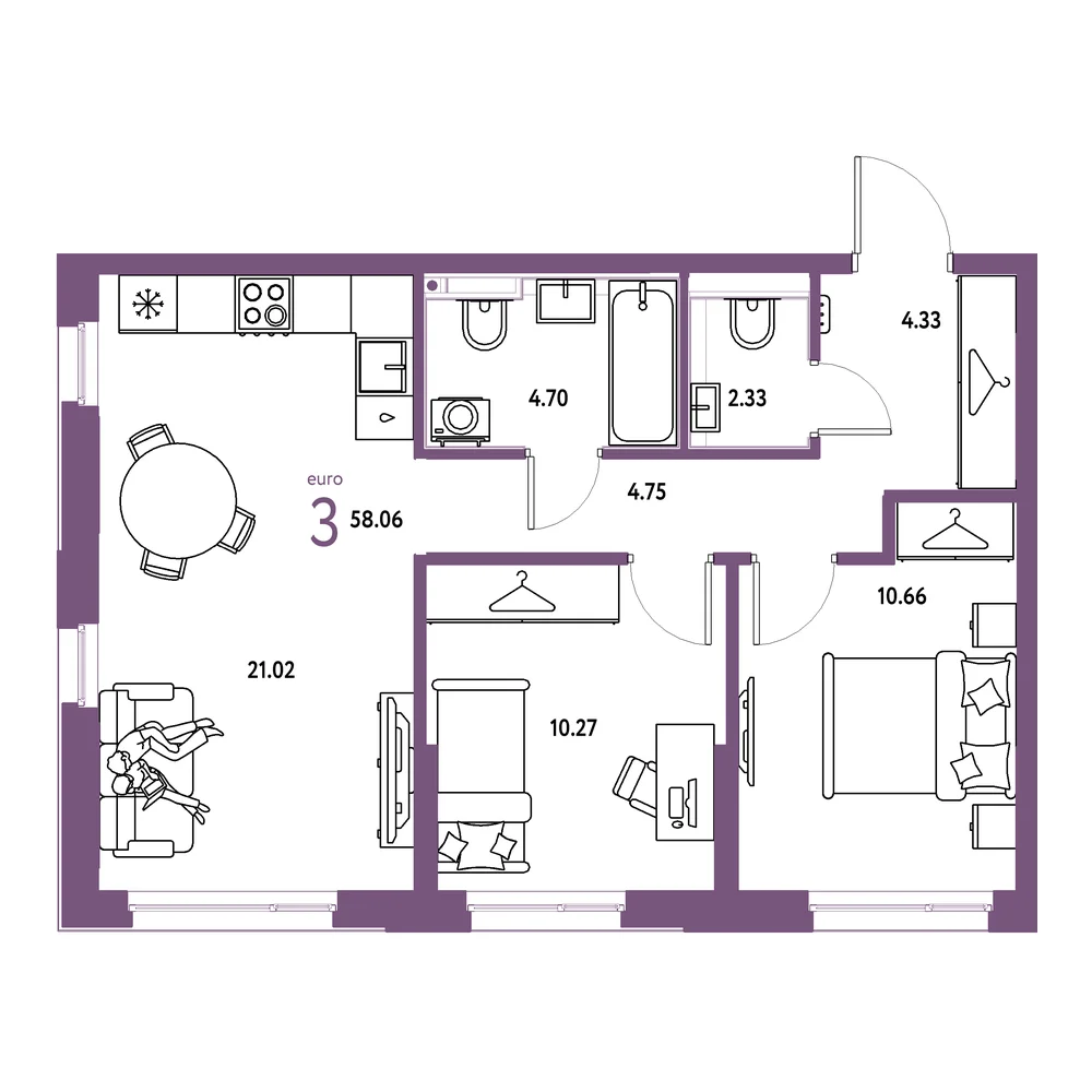 Планировка: Страна.Прибрежная 3-комнатная 58,06м²