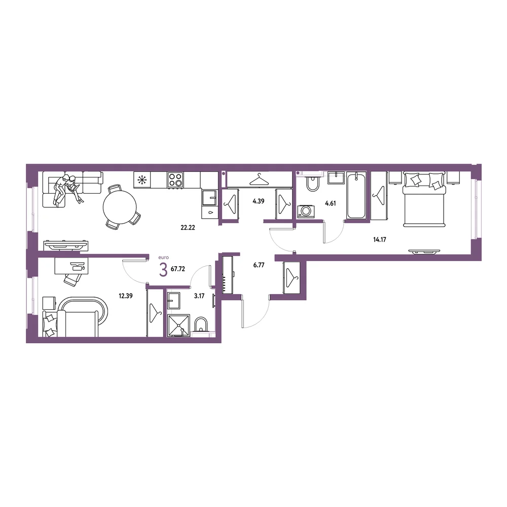Планировка: Страна.Прибрежная 3-комнатная 67,72м²