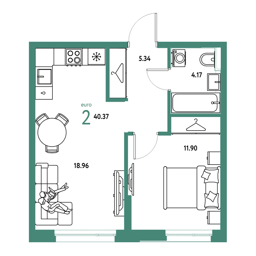 Планировка: Страна.Прибрежная 2-комнатная 40,37м²
