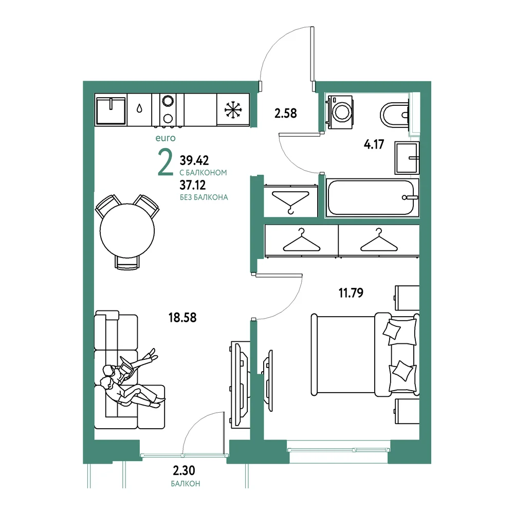 Планировка: Страна.Прибрежная 2-комнатная 39,42м²