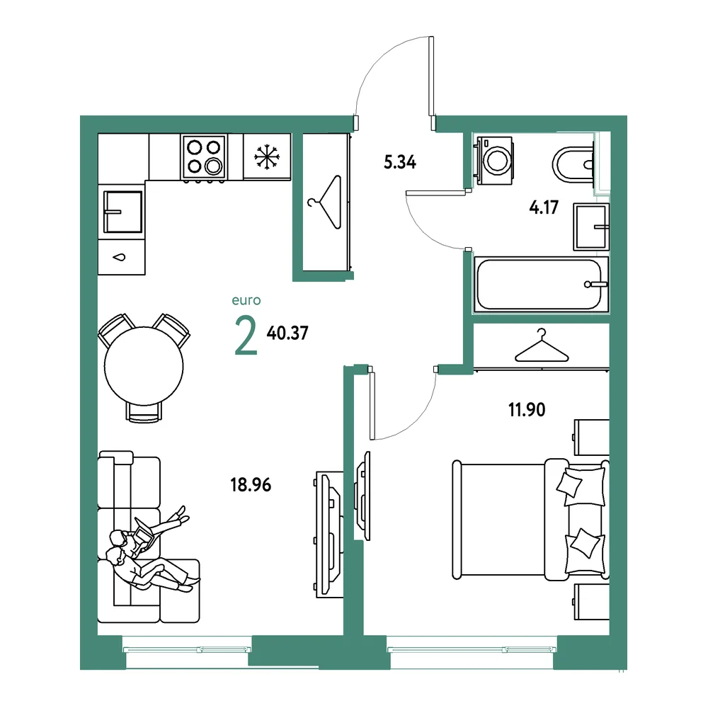 Планировка: Страна.Прибрежная 2-комнатная 40,37м²