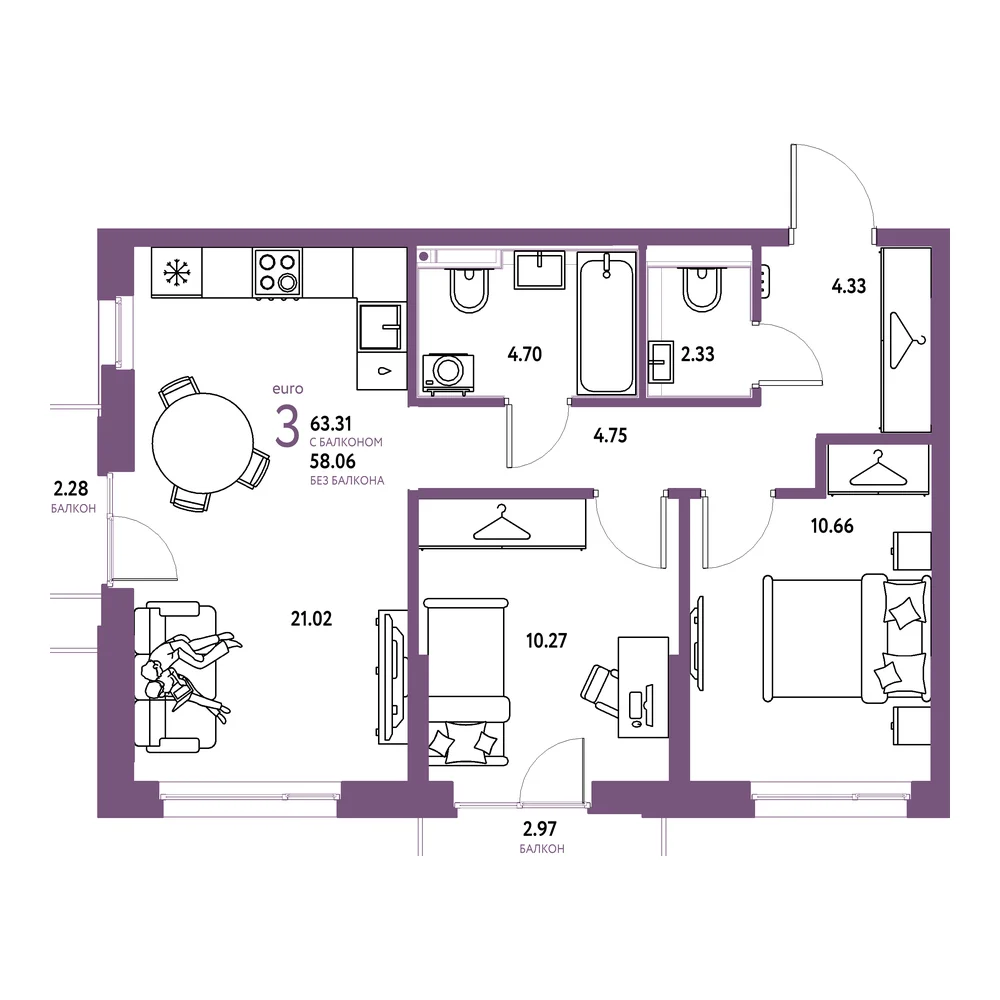 Планировка: Страна.Прибрежная 3-комнатная 63,31м²