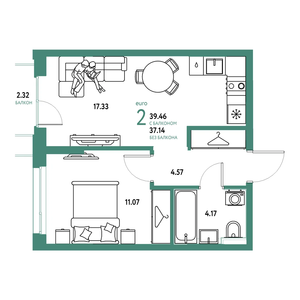 Планировка: Страна.Прибрежная 2-комнатная 39,46м²