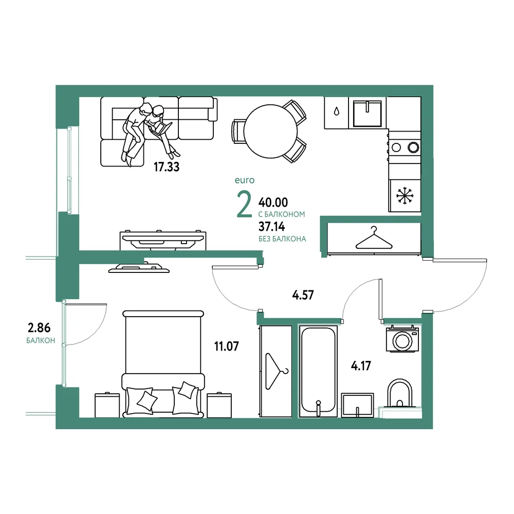 Планировка: Страна.Прибрежная 2-комнатная 40,00м²