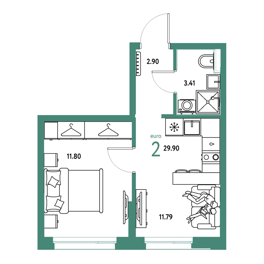 Планировка: Страна.Прибрежная 2-комнатная 29,90м²