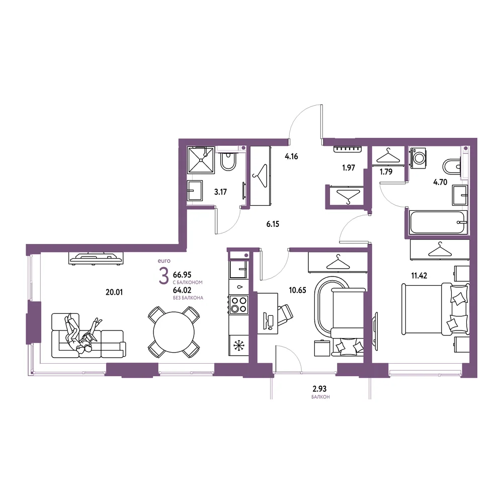 Планировка: Страна.Прибрежная 3-комнатная 66,95м²