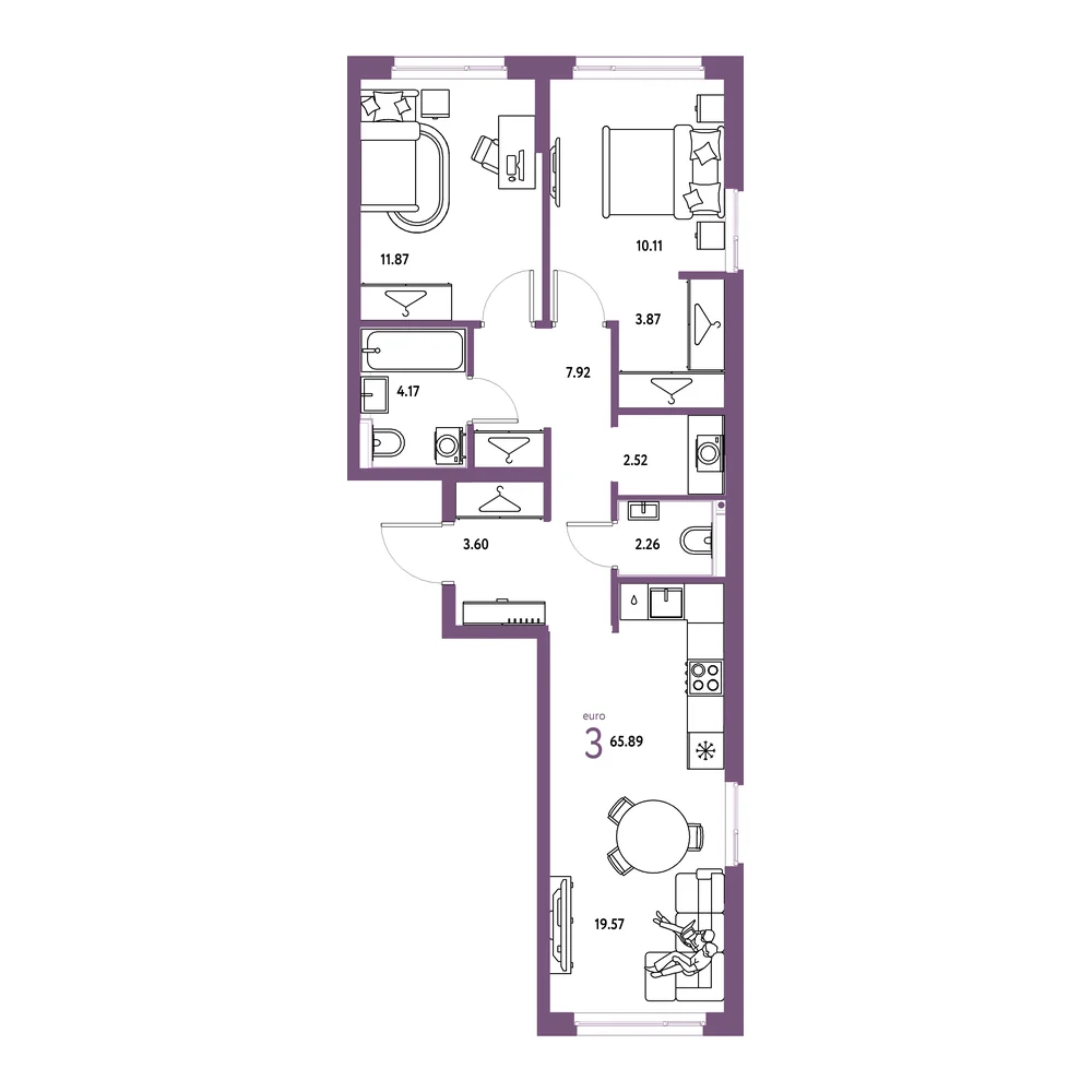 Планировка: Страна.Прибрежная 3-комнатная 65,89м²