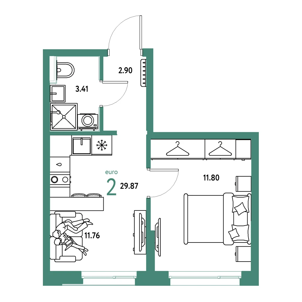 Планировка: Страна.Прибрежная 2-комнатная 29,87м²