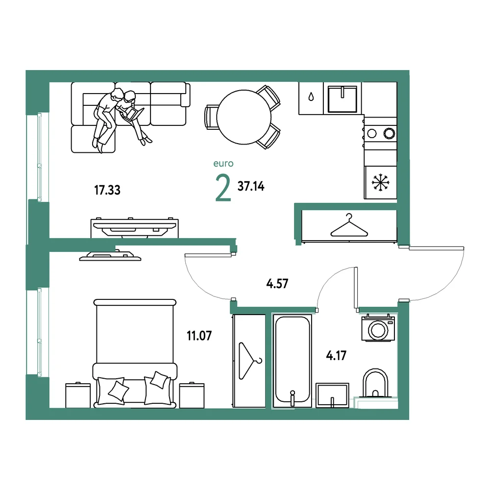 Планировка: Страна.Прибрежная 2-комнатная 37,14м²