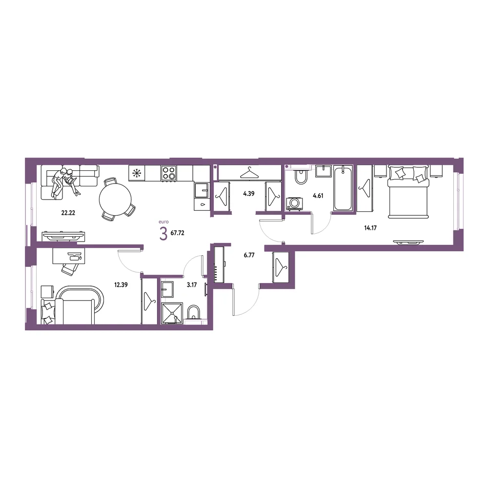 Планировка: Страна.Прибрежная 3-комнатная 67,72м²